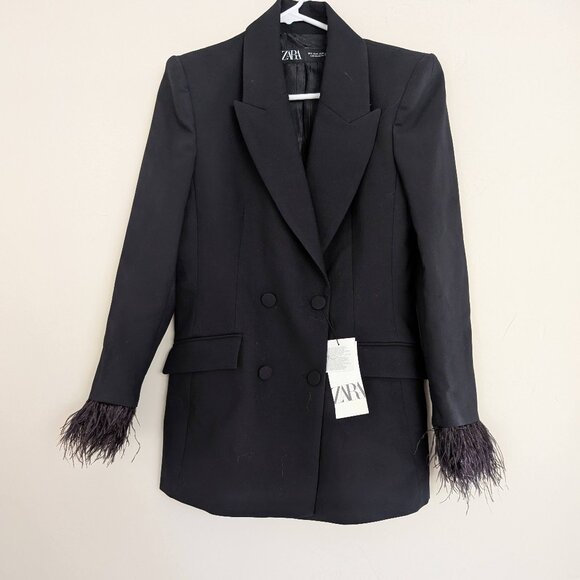 ZARA Women Black DOUBLE BREASTED FEATHER BLAZER M NWT - Picture 9 of 12